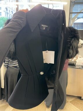 Balmain Black Wool Peplum Blazer with Fur-Trimmed Sleeves